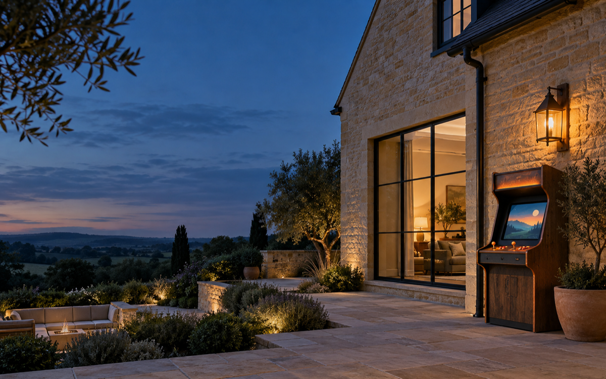 Contemporary limestone home at dusk with a glowing lantern and a game cabinet