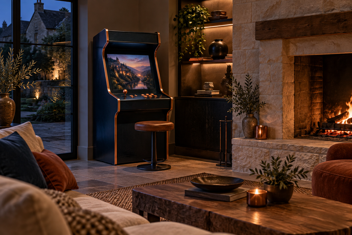 Modern stone hearth and a warmly lit room