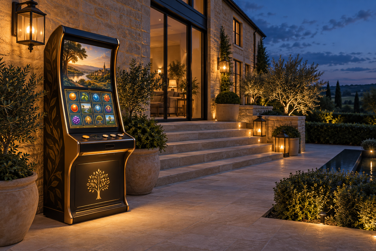 Limestone house, stone steps and warm exterior lanterns